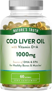 Cod Liver Oil Capsules High Strength | 1000mg | with Omega 3, Vitamin D and A | Providing DHA & EPA | 60 Softgels | Nature's Truth