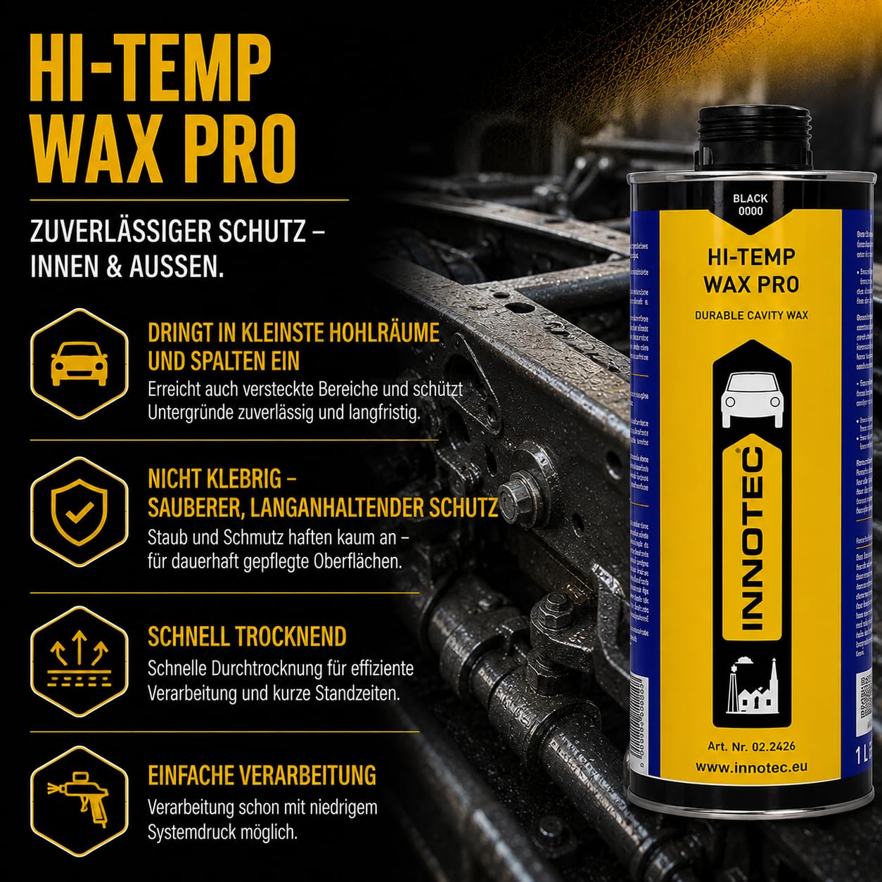 4 Stück Innotec Hi-Temp Wax Dry Schwarz - Next Level Konservierung für Automotive & Industrie - Idealer Unterbodenschutz und Hohlraumkonservierung - Rostschutzmittel für Fahrzeuge - 1 Liter Dose