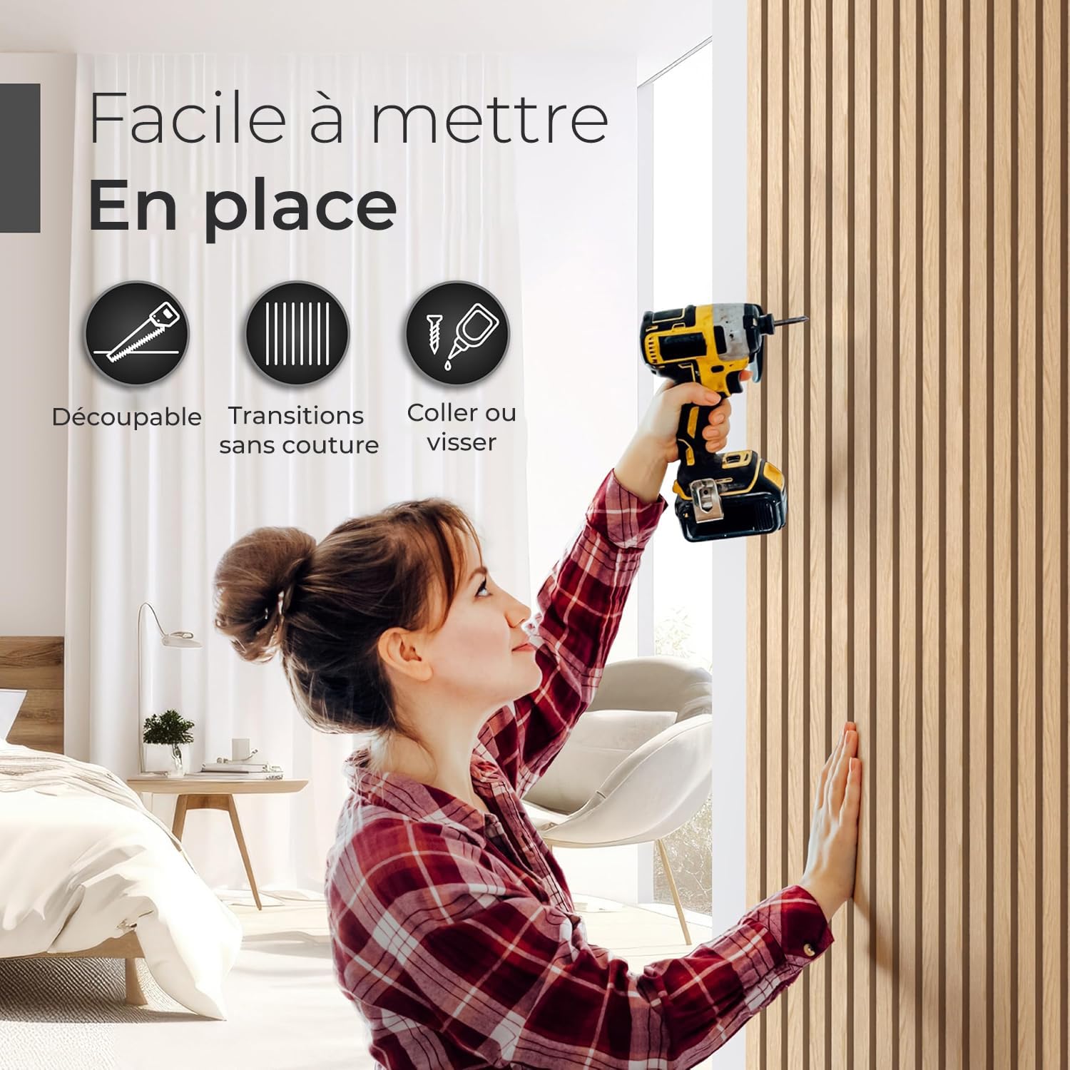 Panneaux Acoustiques en Bois | 4 Pièces, chaque 120x60cm | Placage en Bois Véritable (Chêne) & Feutre Acoustique (Gris) | Set de 4 = 2,88m² | Revêtement Mural, Isolation Phonique