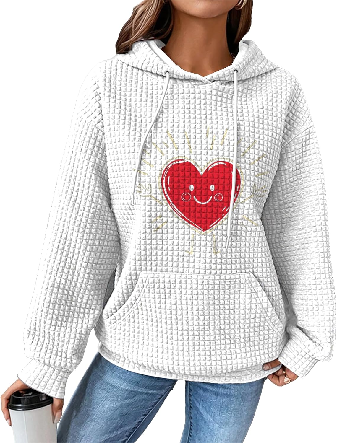 Waffle Hooded Sweatshirt Casual Crewneck Long Sleeve Pullover Novelty Hoodie With Pocket Vintage Street Wear