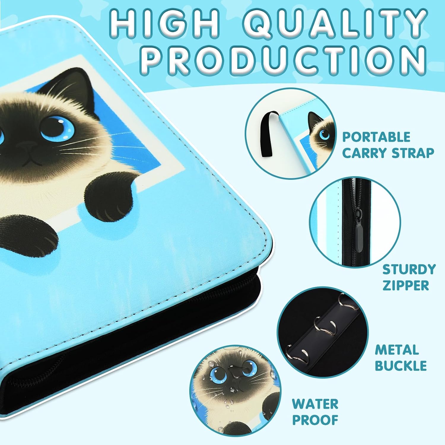 Cute Cat Card Binder, 400 Pocket Card Album for Girls Gifts, Black Cat kitten Trading Game Card Holder Album for Standard Size Cards, Collectible Game Collection Case (Blue) image 4