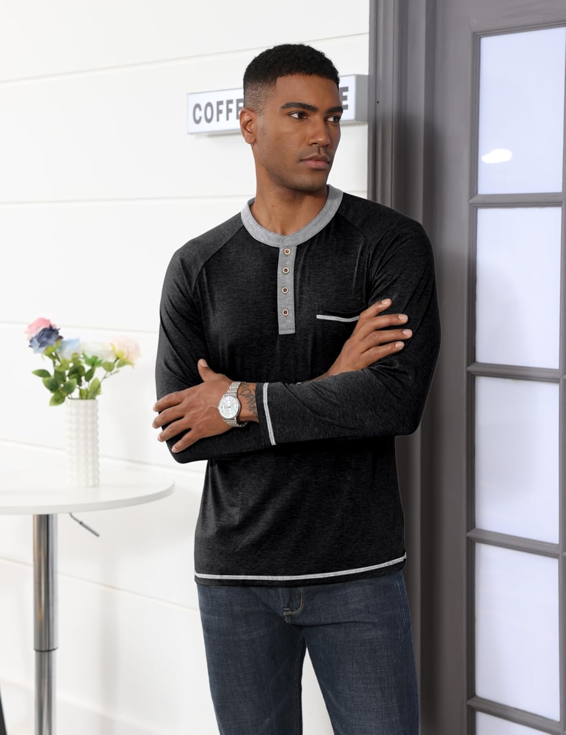 Mens Henley Shirts Long Sleeve Casual T-Shirts Basic Classic Vintage Cotton Tee Shirts Pocket Button Shirt - Image 5