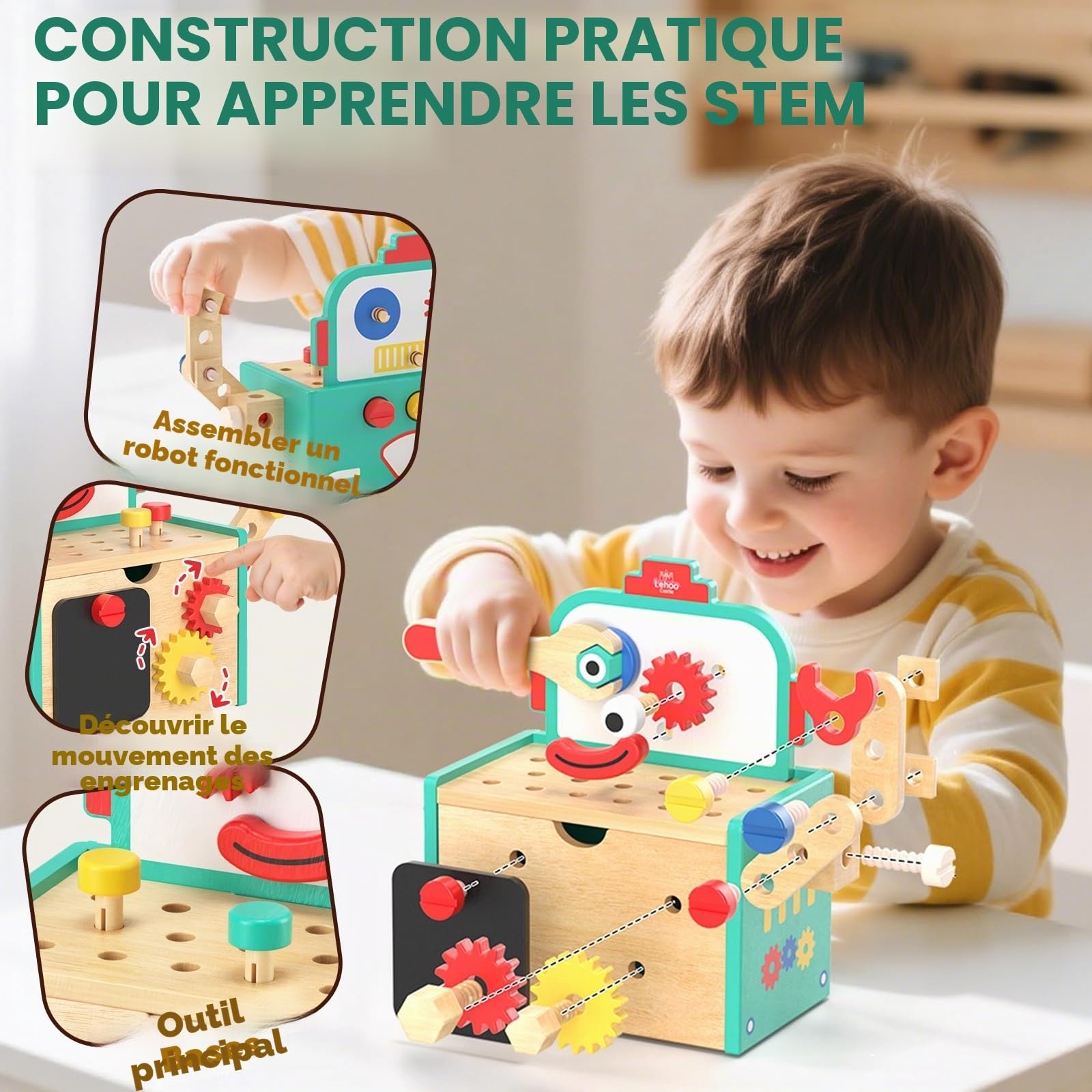 Lehoo Castle Caisse a Outil Enfant Jouet en Bois Jouet 3 4 5 Ans Fille Garcon, 29 Pièces Boite a Outils Établi Enfant, Jeu de Construction Jeux Educatif 3 Ans+