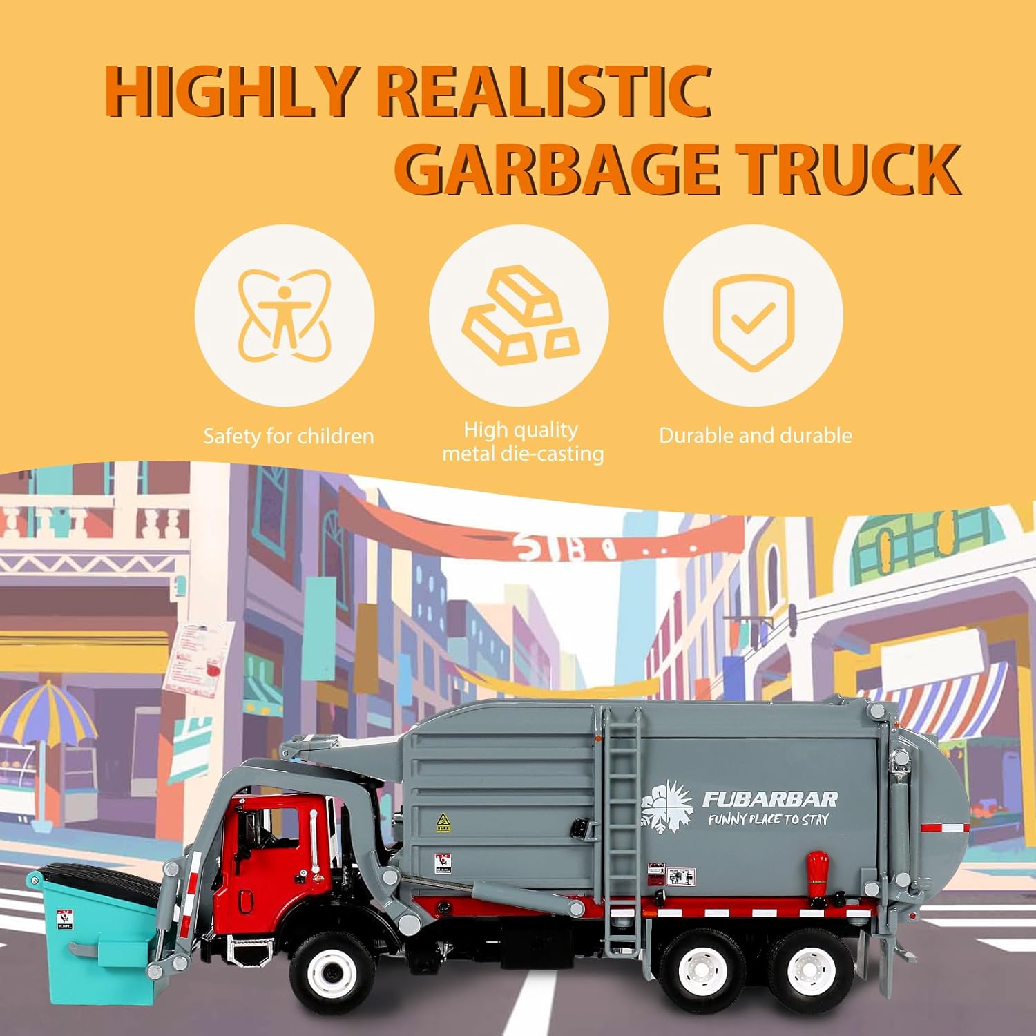 FUBARBAR Metal Garbage Truck Toy Model – 1:43 Diecast Recycling Waste Transport Truck with Trash Bin, Pull Back Model Car Toy for Kids Boys 3–6(Grey)