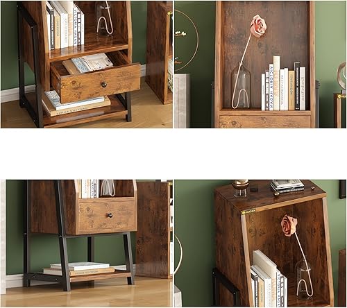 Miniatura 7 de MIN WIN Estantería de 3 estantes con cajón mesa auxiliar para sofá mesita de noche pequeña para sala de estar dormitorio oficina sofá pasillo marrón