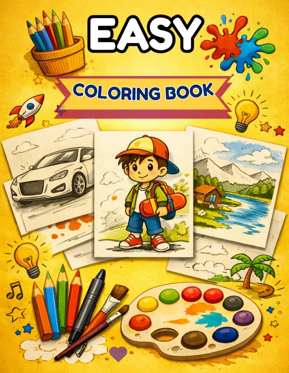 EASY Coloring Book for All Ages: 40 Bold and Simple Designs: Fun Illustrations of Animals, Flowers, Vehicles, and More for Relaxation and Stress Relief.