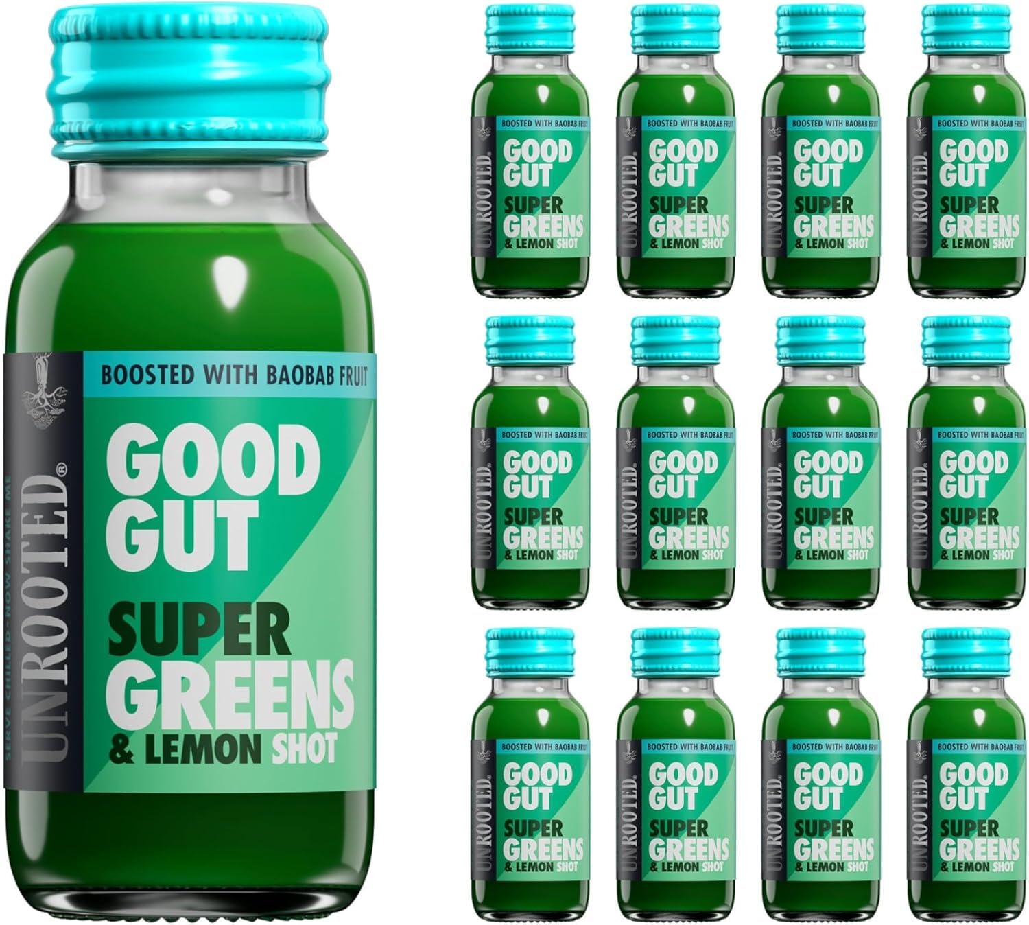 UNROOTED Super Greens & Lemon Shots - For Good Gut Health, with Spinach, Lemon, Baobab and Cucumber, Supports Energy, Immunity and Digestion, With Vitamin C and Antioxidants 12x60ml Bottles