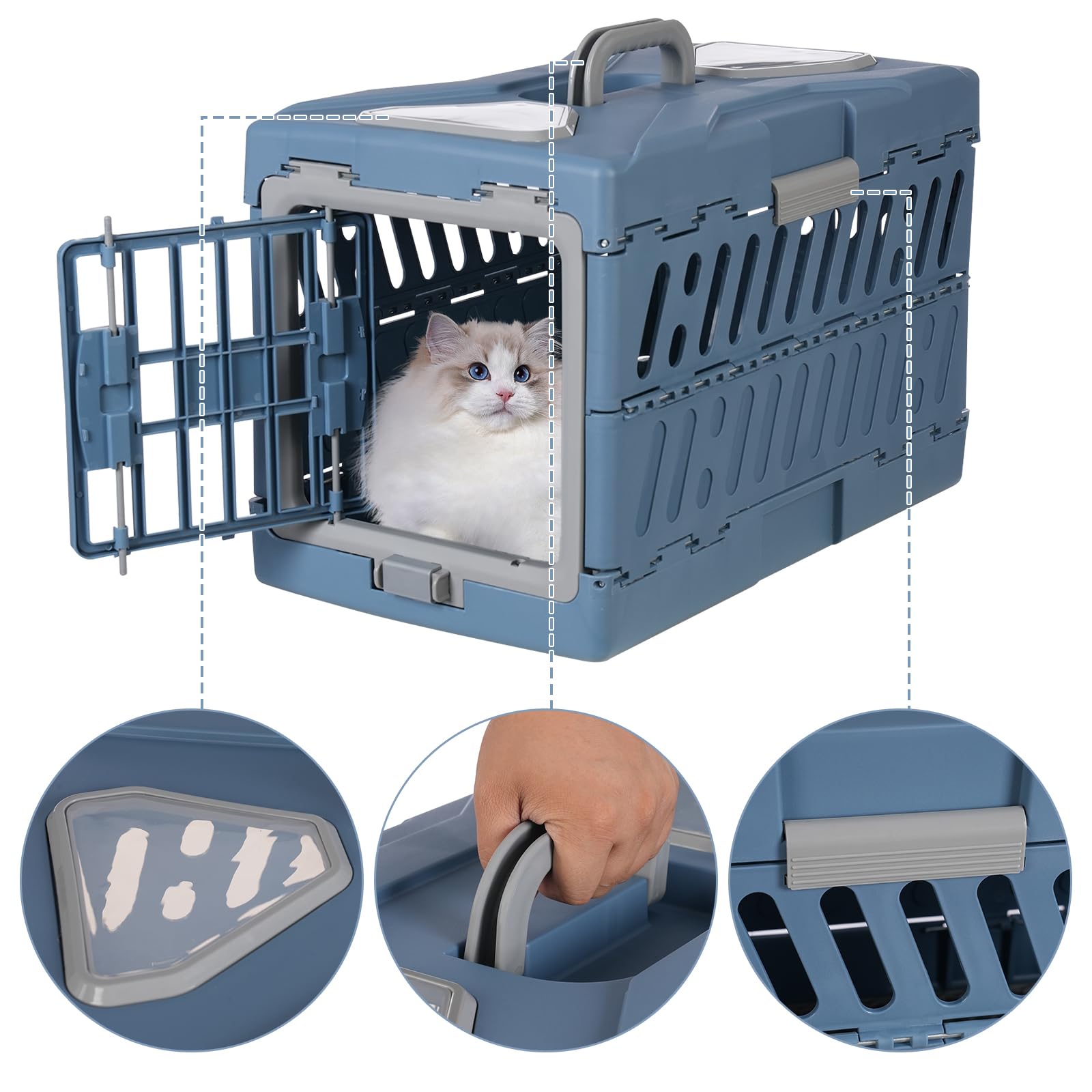 Tragbare Faltbare Pet Transportbox Kleintier Transport Box Bidirektionale Türöffnung mit Federbelastetem Türschloss für Haustiere um 33,07 lbs Ausflüge Tierpflege oder Arzttermine 56x33x37cm