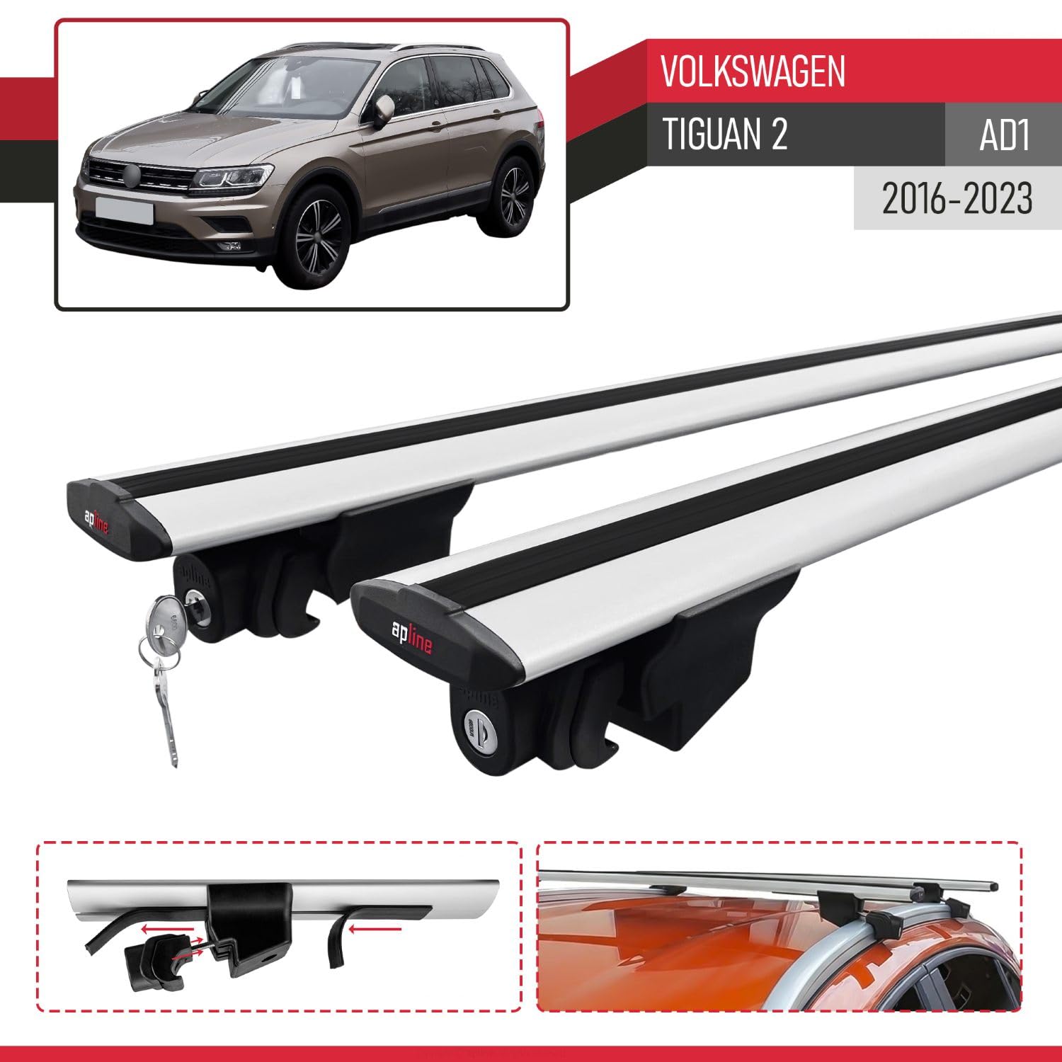Compatible con Volkswagen Tiguan 2 (AD1) 2016-2023 Modelo Hook Barra de Techo Auto Portaequipajes Barras Transversales Gris Aluminio 2 Barras