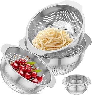 3Pcs Stainless Steel Colander for Kitchen, Colanders & Food Strainers, Pasta Strainer for Spaghetti Fruit Vegetable Cooking Food, 3, 4, 5 QT Strainers Set, Thickened Kitchen Strainer