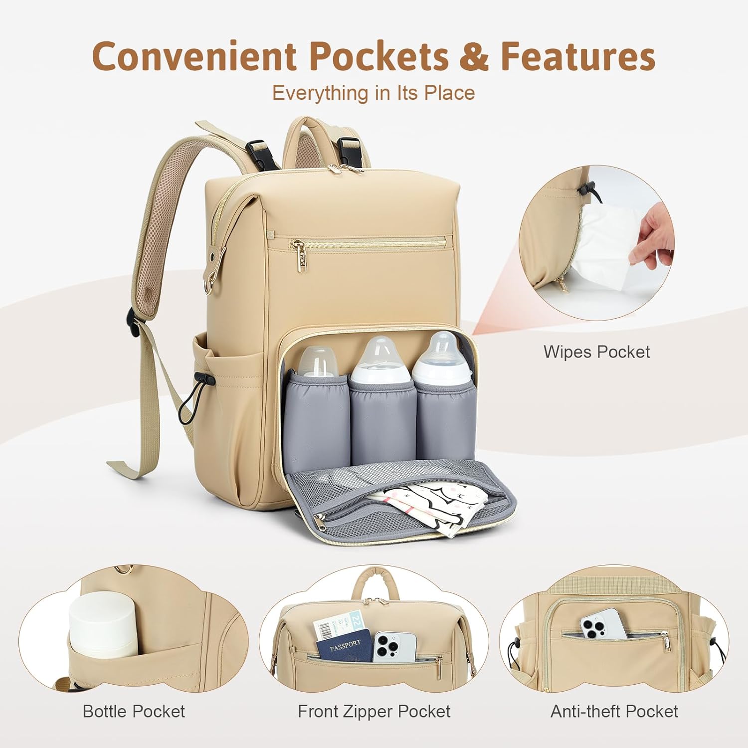Lekesky Diaper Bag Backpack | Pañaleras Para Bebe, 27L Large Capacity with Changing Pad and Pacifier Case, 3 Insulated Bottle Pockets, Multi-Function Waterproof Diaper Bag, Ultralight Bag, Khaki