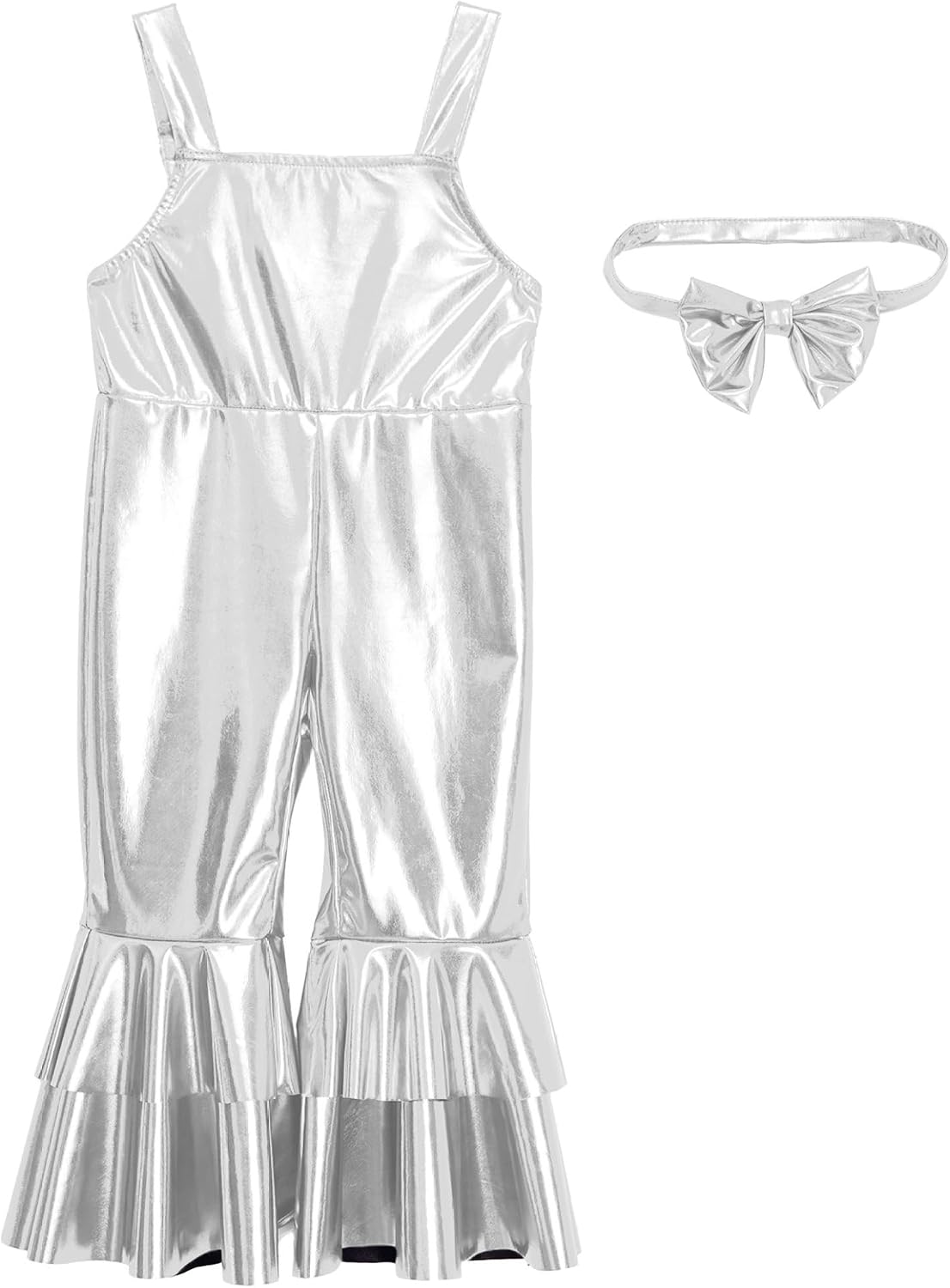 Infant Baby Girls Sparkly Ruffles Pants Coveralls Shiny Metallic Overalls with Headwear Silver 3-4 Years