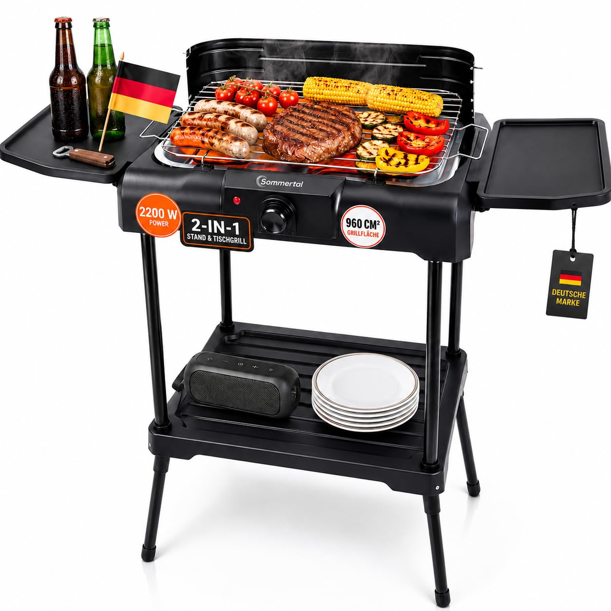 Sommertal BBQ231 Elektrogrill 2in1 | 2200W, Balkongrill, Camping Grill | Stufenloser Temperaturregler, Ablagefläche, schnelles Aufheizen, Windschutz, raucharm, kompakt, Balkon, Terrasse & Garten