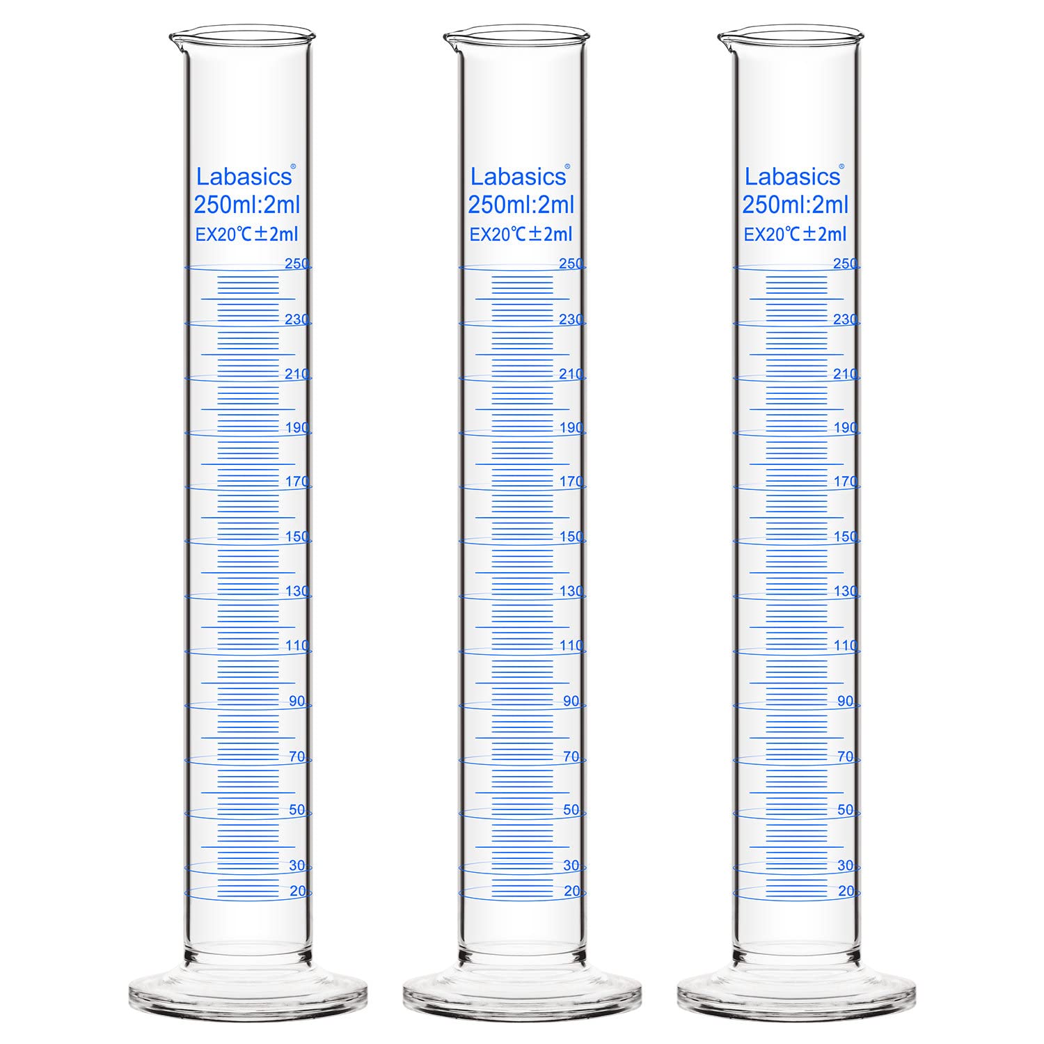Labasics 3-Pack Borosilicate Glass 250 ml Heavy Wall Graduated Cylinder Measuring Cylinder