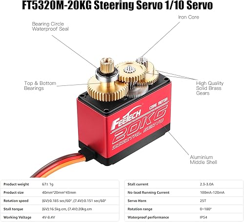 Miniatura 4 de FEETECH Servo motor de 44.1 lbs 7.4 V de alto voltaje impermeable de alto par RC servo servo de metal completo servo digital, caja de aluminio,