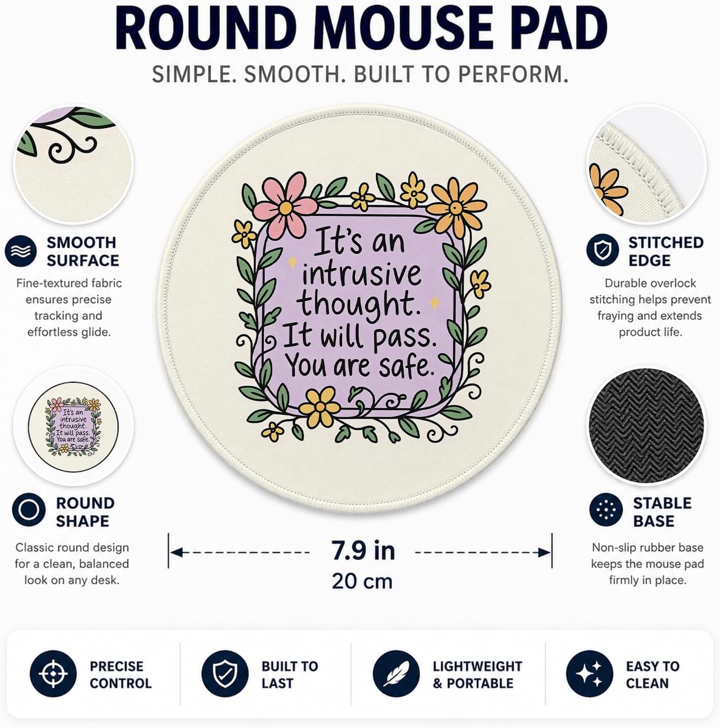 QIYUHOY Mental Health Floral Mouse Pad, 7.9x7.9 Inch image 3