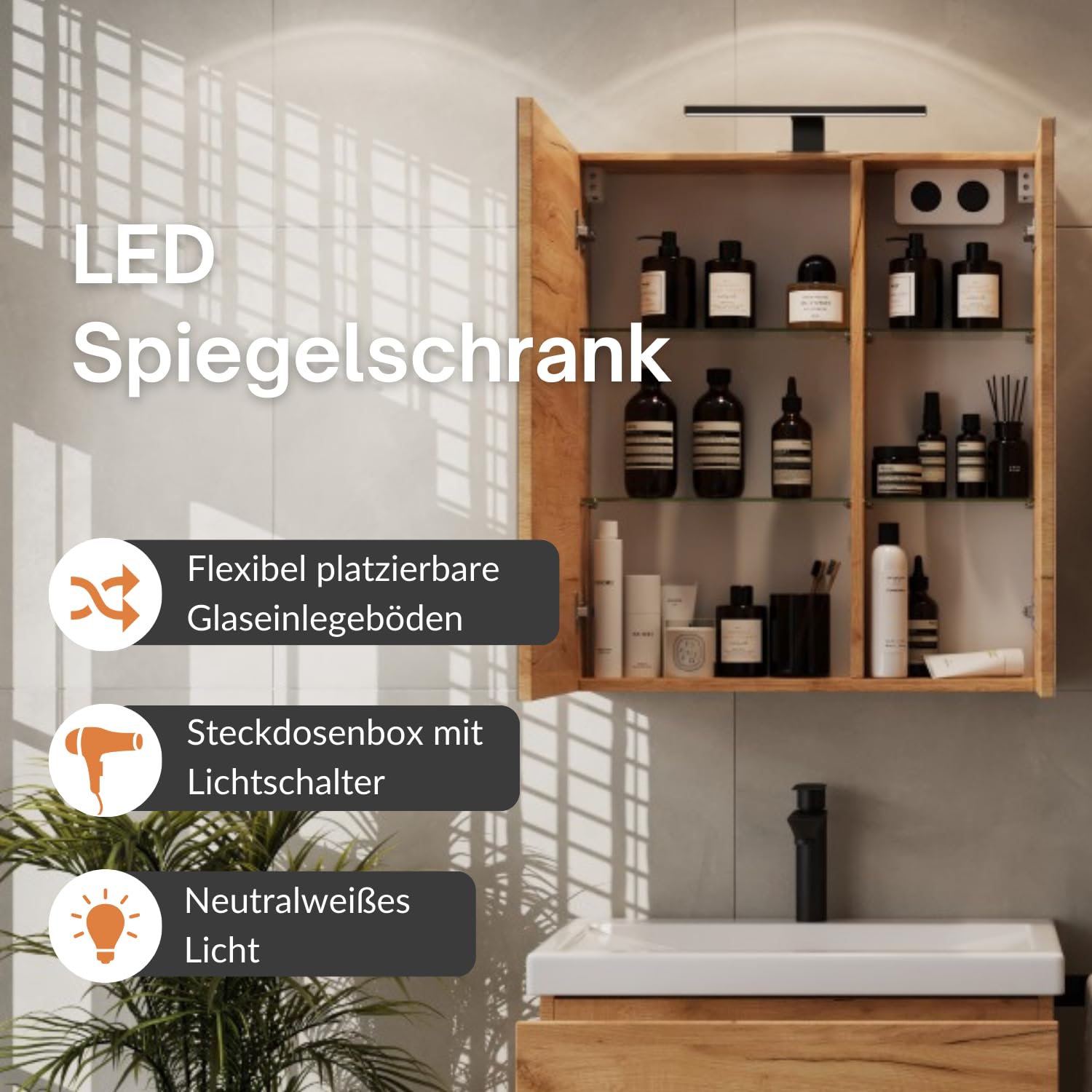 Planetmöbel Badmöbel Set Waschtisch mit Unterschrank 63 x 60 x 36,5 cm, Spiegelschrank 60 cm mit LED-Leuchte (schwarz matt) & Steckdose, Moderne Badezimmer Möbel, Gold Eiche