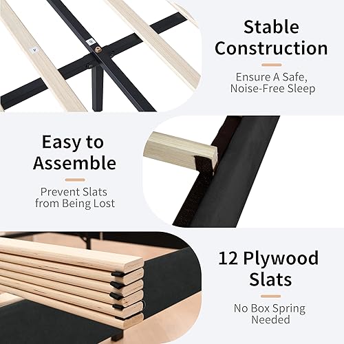 Miniatura 6 de Base de cama tapizada de tamaño matrimonial con respaldo moderno y cabecera de panel vertical, tela de lino, patas y listones de madera, no necesita