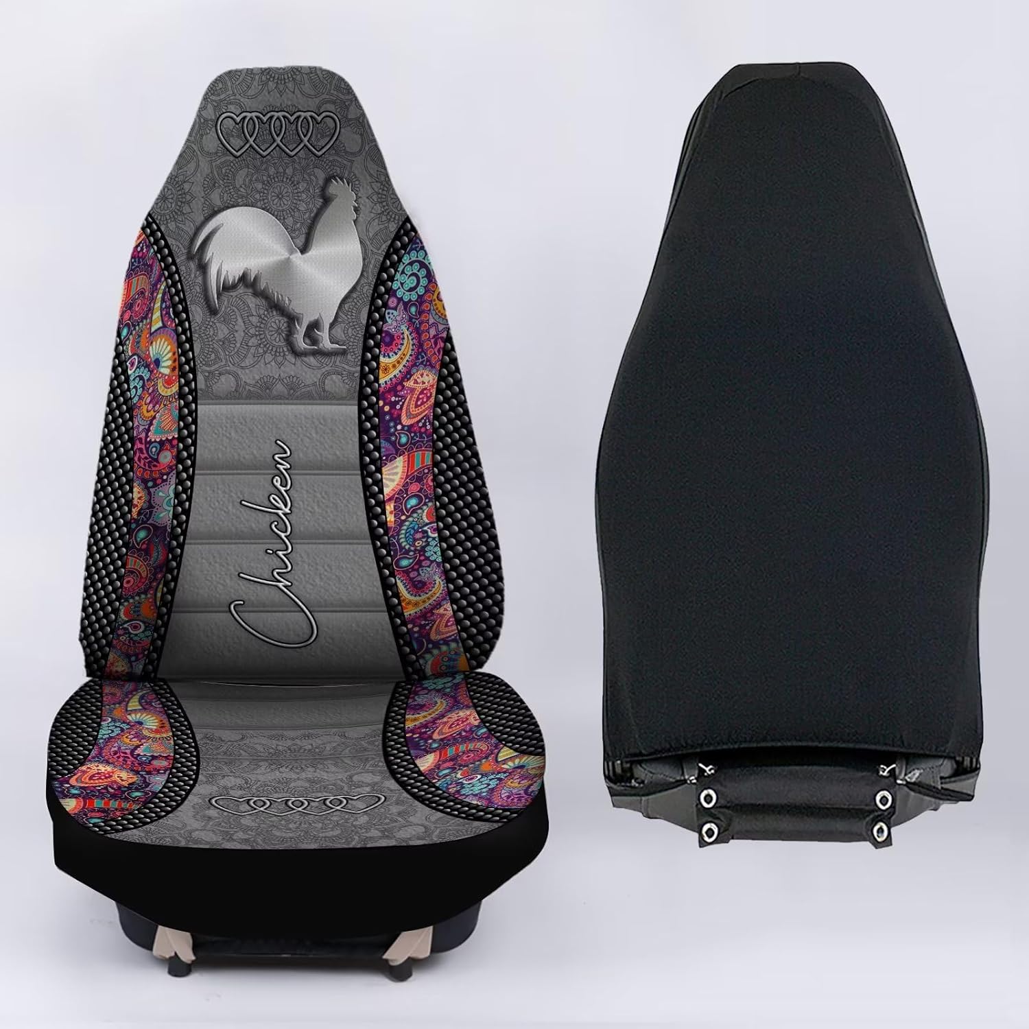 Bulopur Boho Paisley Silver Chicken 2 Pcs Car Seat Covers Set Vehicle Front Seat Protector Auto Interior Accessories Protetors Car Mat Covers Universal fit Most Car SUV Van Truck