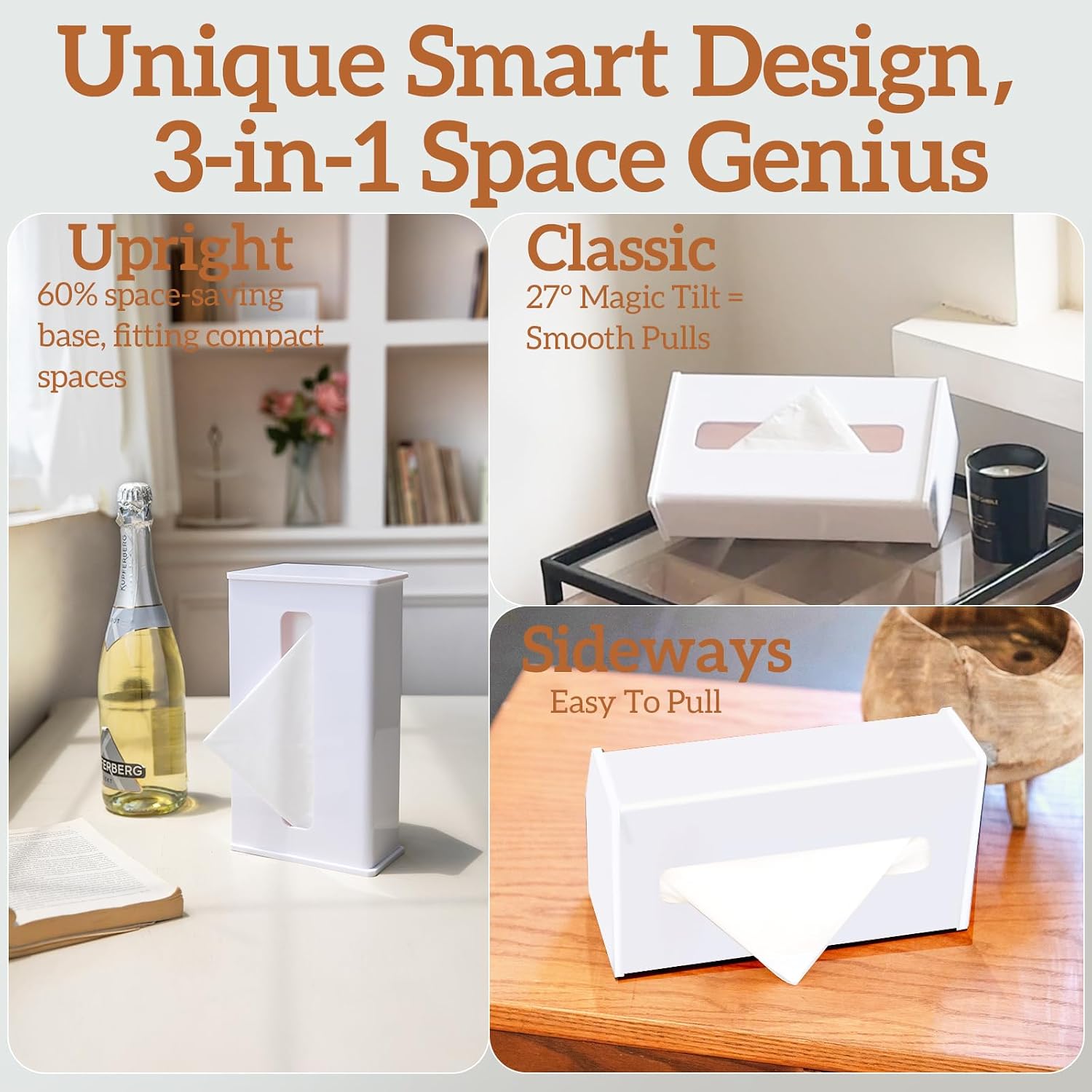 Acrylic Tissue Box Holder Rectangle - 2025 Unique White Tissue Box Cover Rectangle with 27°Ergo Tilt, Decorative Tissue Holder for Bathroom Décor, Living Room, Desk Accessories (Porcelain White)