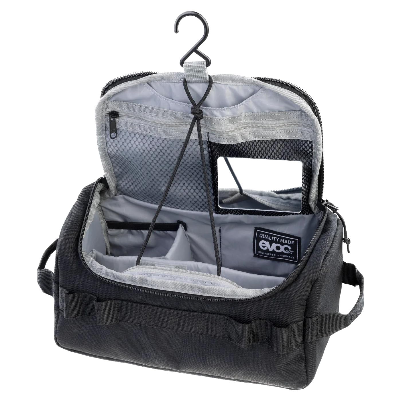 EVOC WASH BAG Torba na kosmetyki, kosmetyczka na co dzień w podróży (przegródki organizacyjne z indywidualnym podziałem przestrzeni, wyjmowane lusterko, torba na kosmetyki do zawieszenia), czarna