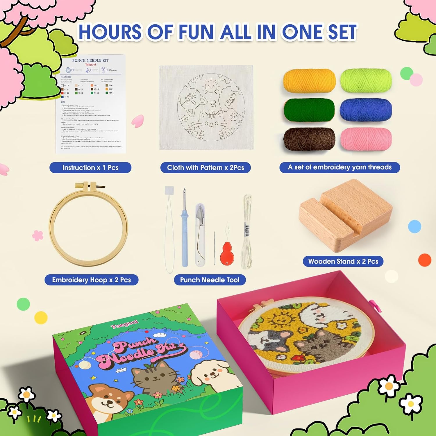 yuegool 2PCS Punch Needle Decoration Kit,Easy DIY Punch Needle Embroidery Kit for Beginners Adults Including Patterns, Tools, Yarns, Hoop, Instruction, Bracket Art Craft Supplies image 2