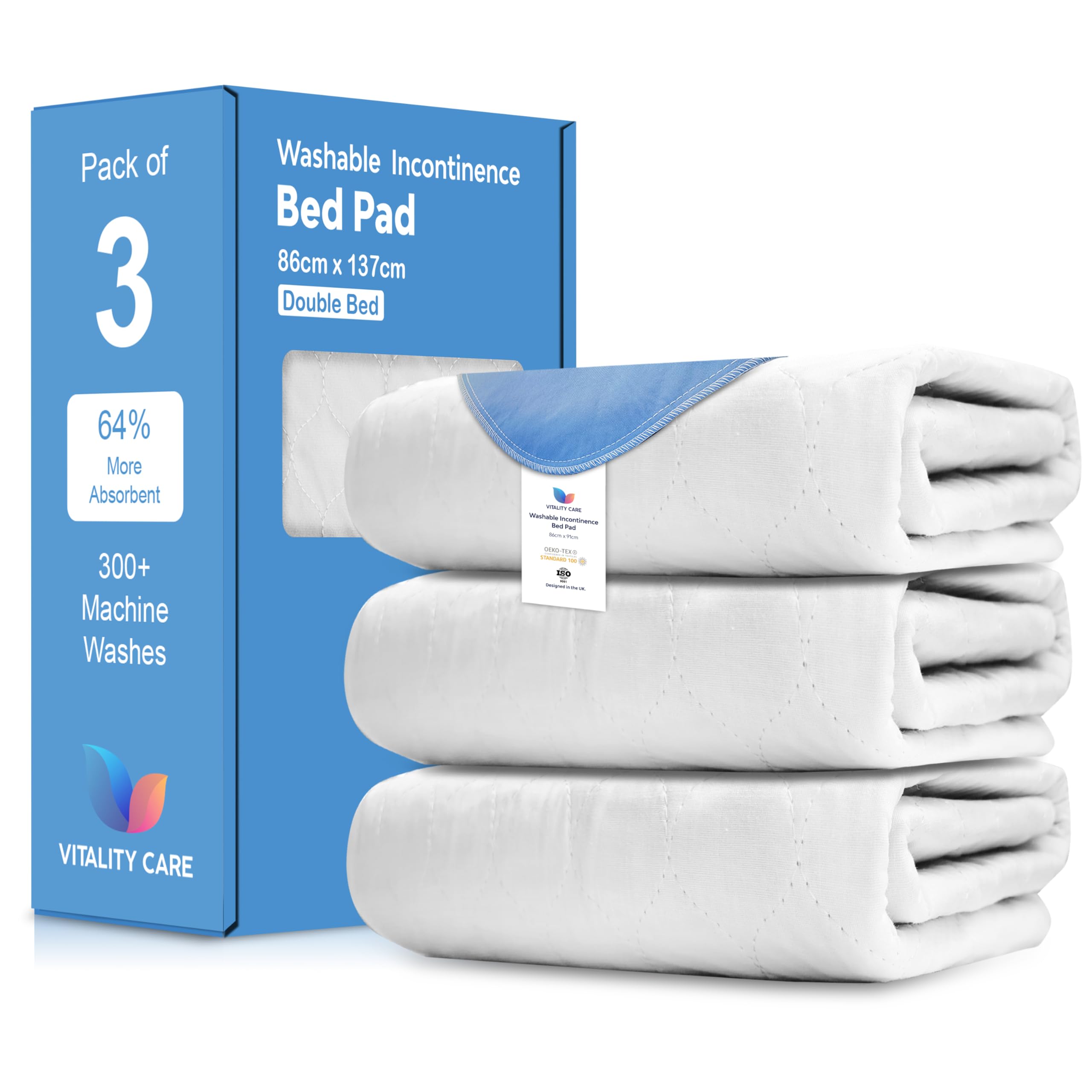 Vitality Care White Washable Incontinence Bed Pads, Waterproof Mattress Protector, Water Absorbent Pads, Washable Bed Mats For Incontinence Adults Kids, Elderly, Waterproof Bed Pads 86X137cm