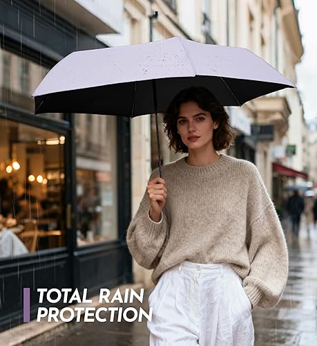 Miniatura 9 de Mini paraguas de viaje compacto, pequeño y ligero, protección contra la lluvia UV, paraguas plegable de tamaño bolsillo con sorteo rápido y funda