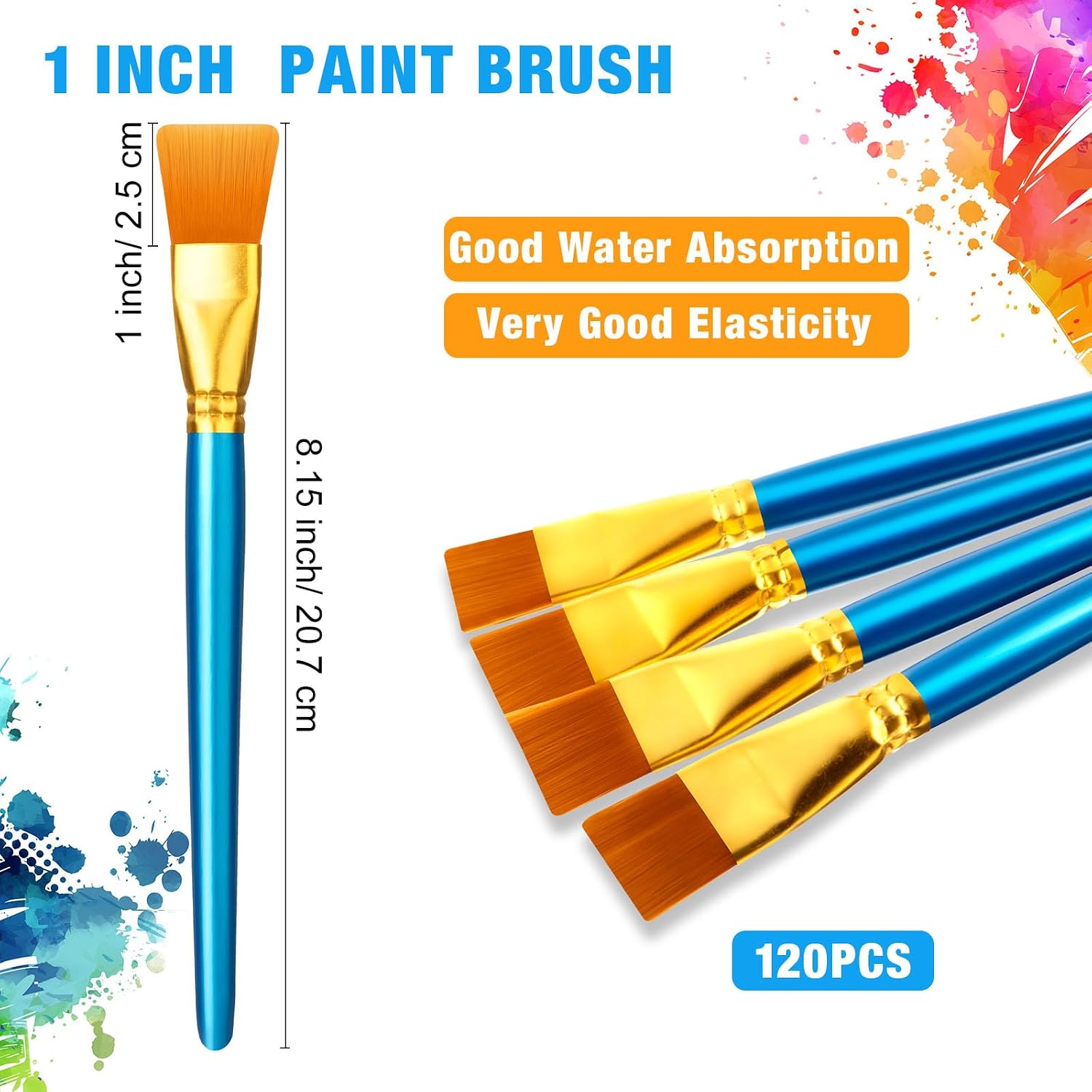 Thenshop 120 Pcs 1 Inch Flat Paint Brushes Watercolor Large Acrylic Paint Brush Synthetic Nylon Oil Painting Brushes Bulk with Wooden Handles for Acrylic Painting Watercolor Oil Crafts Face Body Art