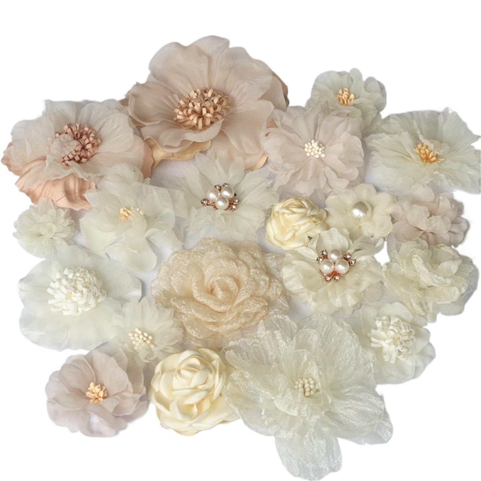 3D Applique en Dentelle : Lot de 20 roses beige en mousseline pour couture DIY