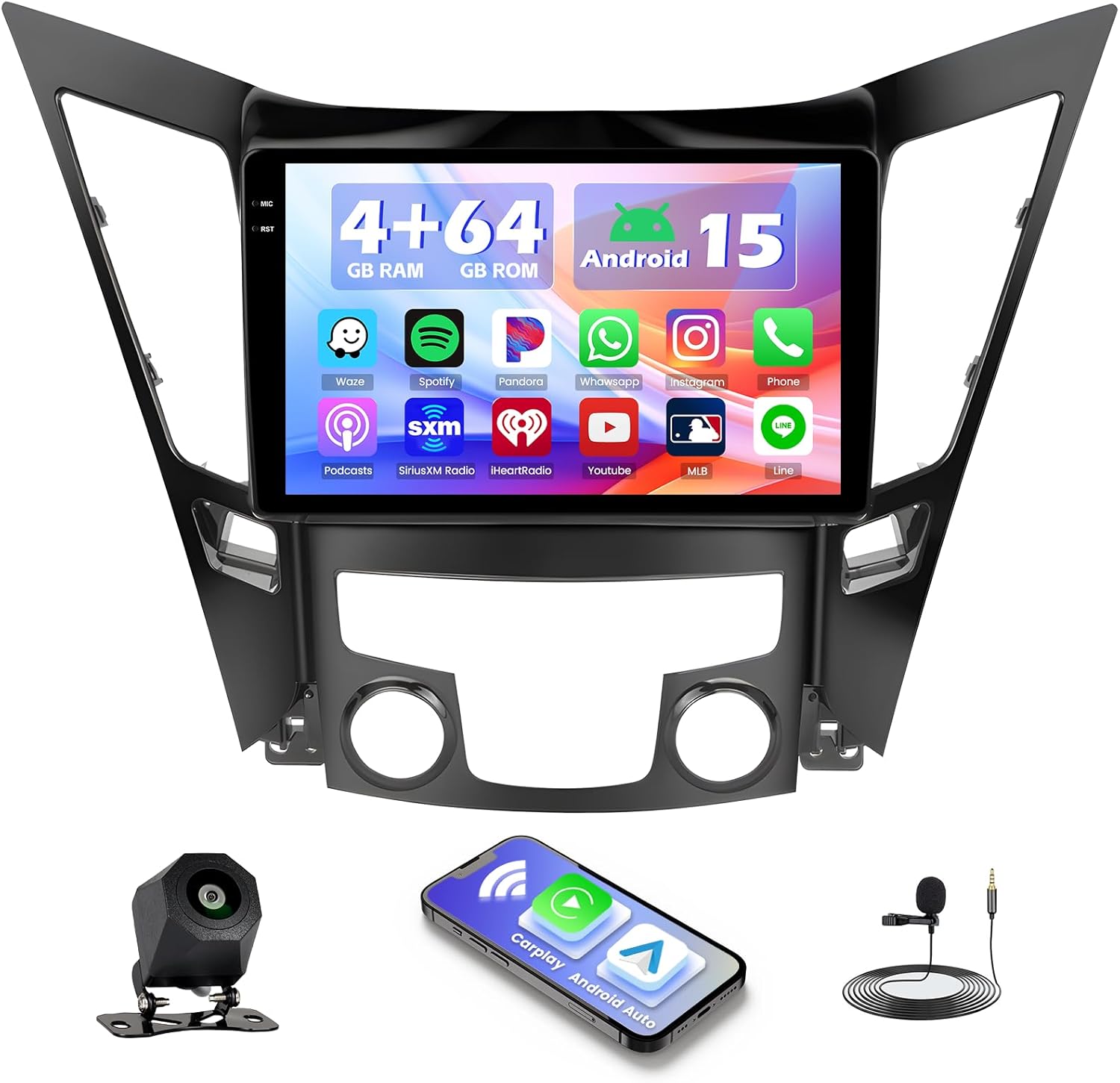 Hikity 4+64G Android Car Stereo for Hyundai Sonata 2010-2015, 9”Incell Touchscreen Radio with CarPlay, Android Auto, Bluetooth, GPS Navigation, WiFi, FM, RDS + AHD Backup Camera