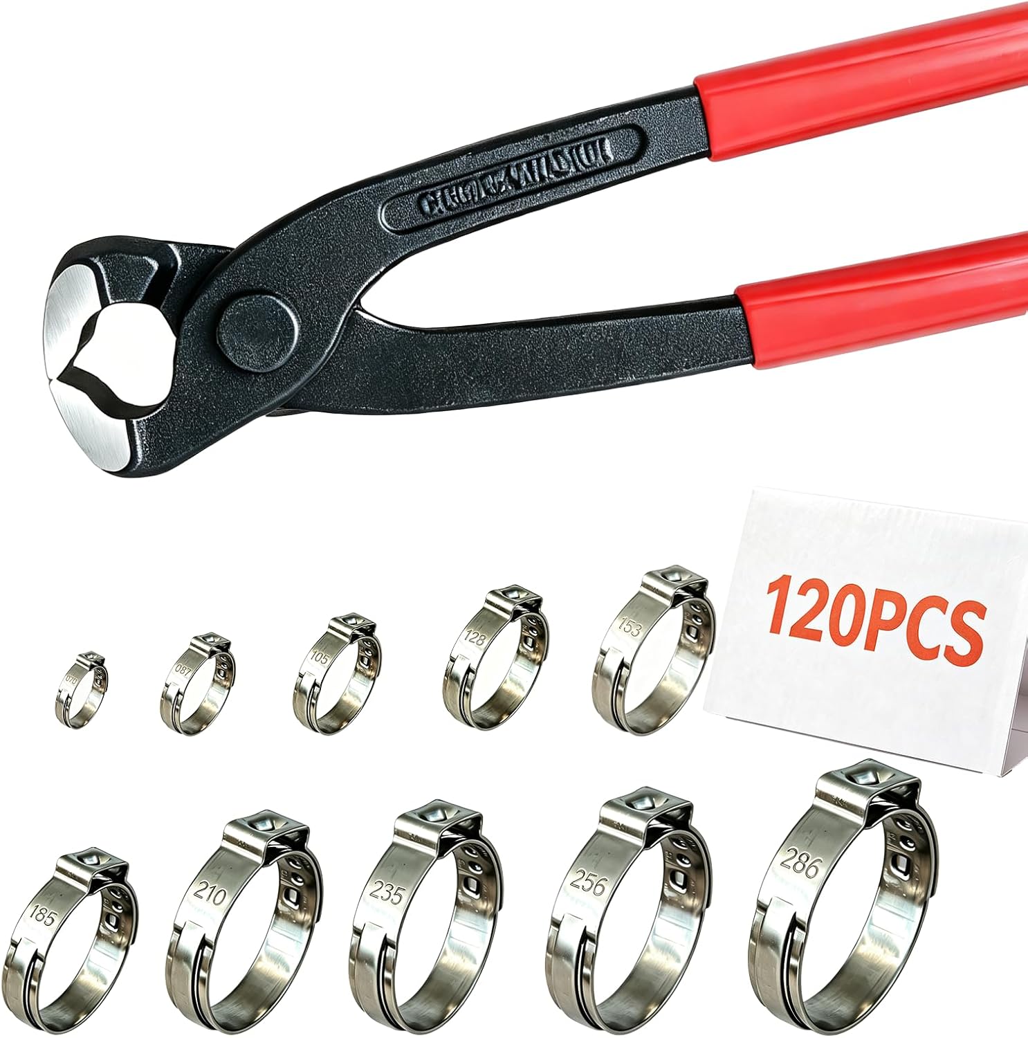120PCS Single Ear Hose Clamps & Ear clamp plier, 10-Sizes Crimp Hose Clamps