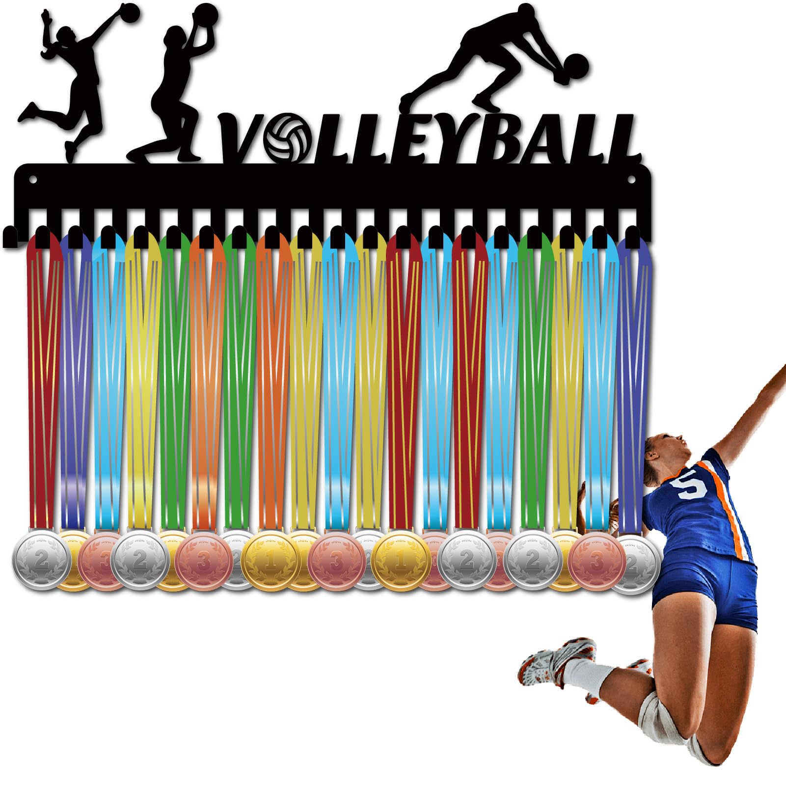 CREATCABIN Porte-médailles de volleyball en métal à suspendre avec 20 crochets pour médailles de compétition ou de volleyball Noir 40 x 15 cm