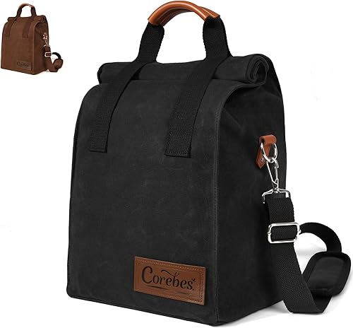 Corebes Lonchera aislada para hombres y mujeres, lonchera de lona encerada de 11 litros con correa ajustable para el hombro y asas dobles de gancho