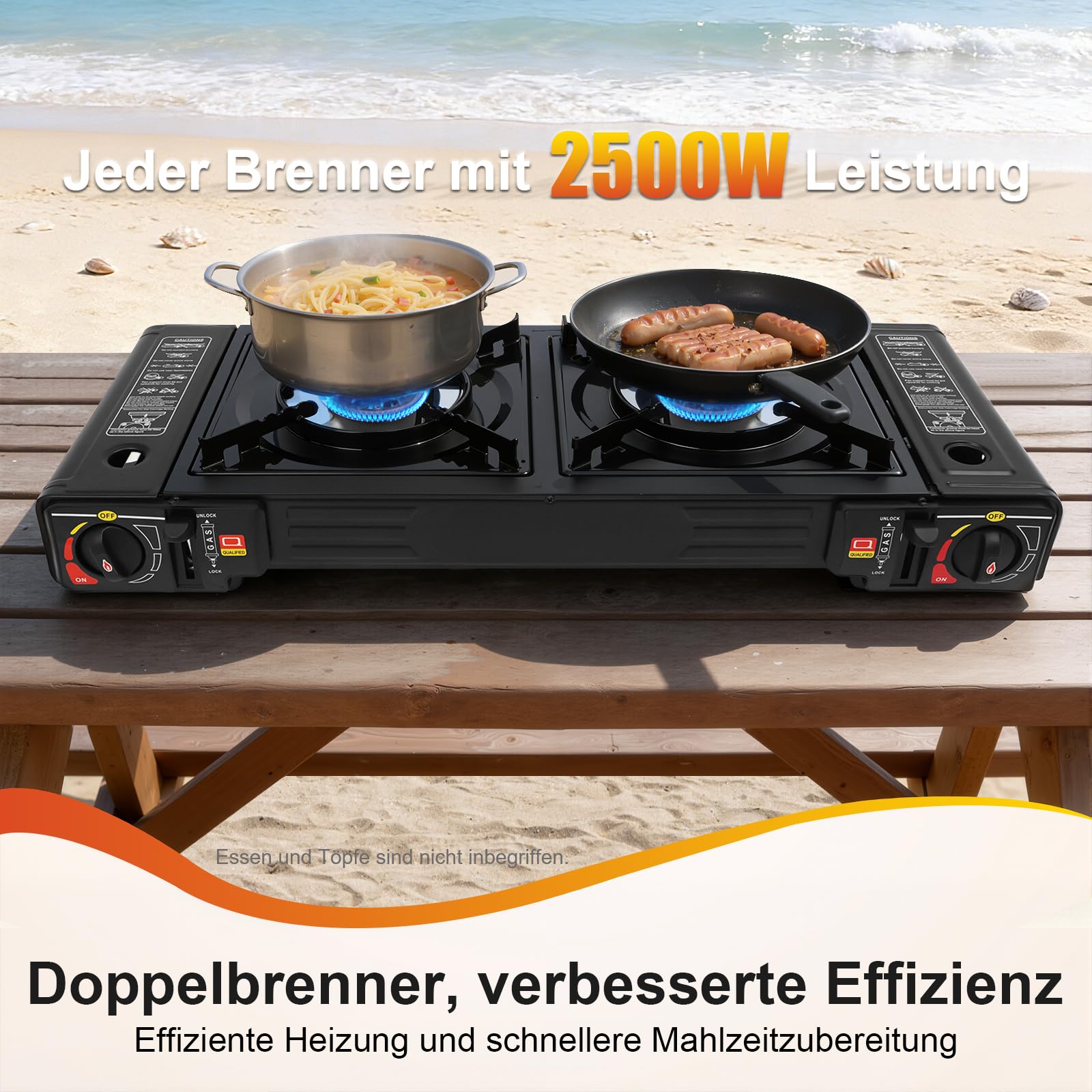 Camping Gaskocher 2-Flammig mit Grillplatte & Tragetasche, 2×2500W Gas Campingkocher 2 Flammig, Tragbarer Gasherd Camping, Überdruckschutz, Gaskocher für Töpfe bis 34cm