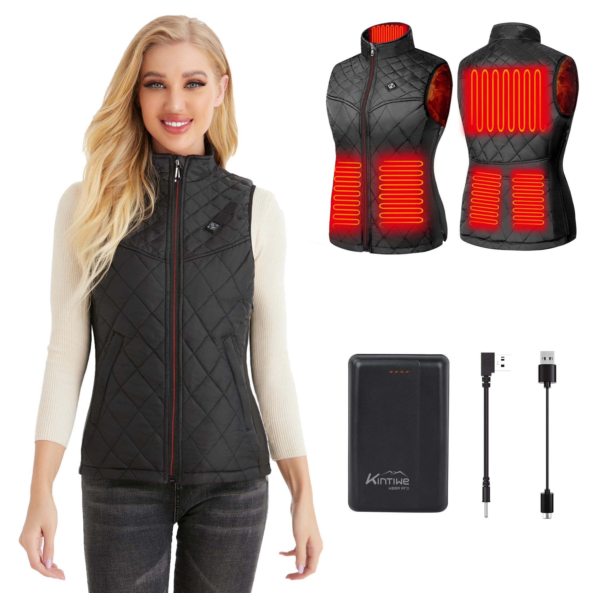 Chaleco Calefactable Mujer, Chaqueta Calefactable con Bateria 16000mAh, Chaleco Termico Eléctrico Ligero con 6 Zonas Calefactables 3 Niveles de Temperatura