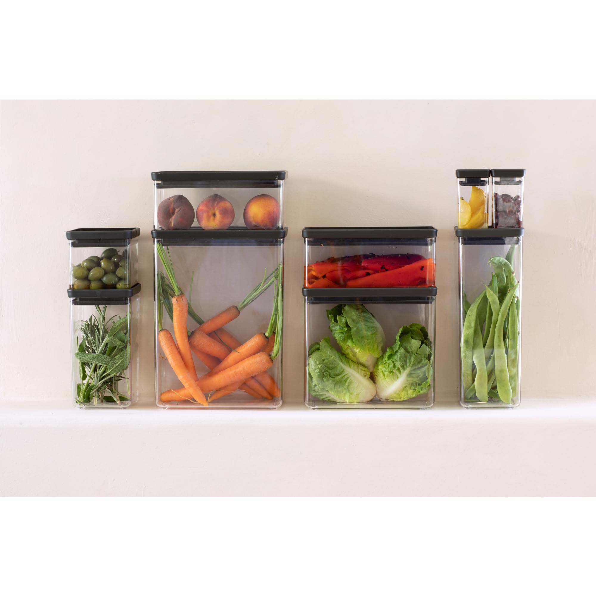 Brabantia TASTY+ Stapelbare Behälter 3er-Set – 2 x 1,6 l +1 x 3,5 l | Luftdichte Vorratsdose mit Silikondichtung für die Küche | Gefäße für trockene und feuchte Lebensmittel, Zucker, Mehl | Dark Grey