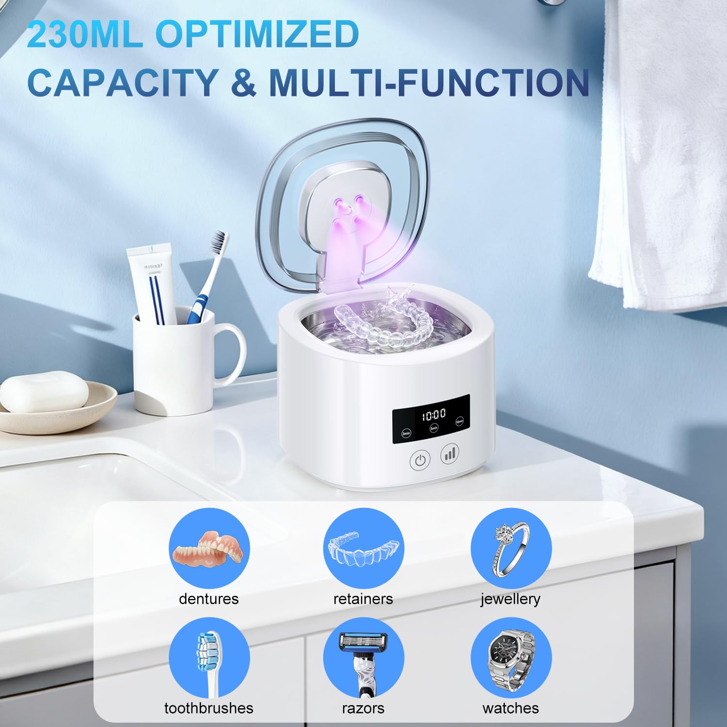 Nettoyeur Ultrasons 50kHz, Ultrasonic Cleaner Rechargeable 2000mAh avec 4 Lampe UV, 230ML Cuve pour Prothèses Dentaires, Brosse à Dents, Aligneurs, Retainers, Prothèses, Bijoux -Blanc