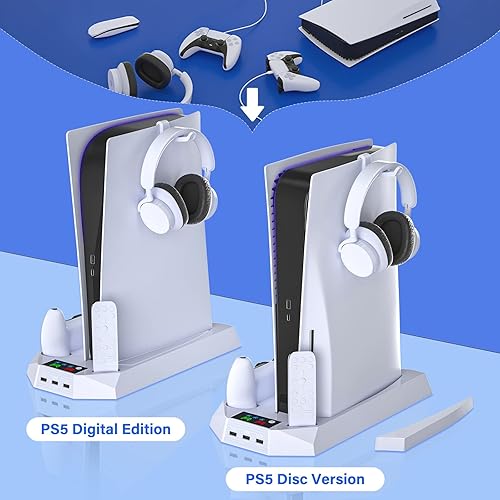 Miniatura 7 de DBEPANK Soporte para PS5 y estación de refrigeración con estación de carga de doble controlador PS5 soporte vertical con soporte para auriculares,