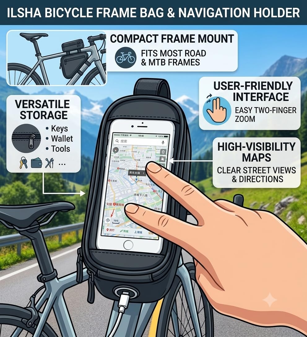 Ilsha® Rubber Bike Bag with Phone Holder for Mountain Bike, Handlebar Bag with Waterproof Touchscreen Phone Case for Every Phone (Black) 2