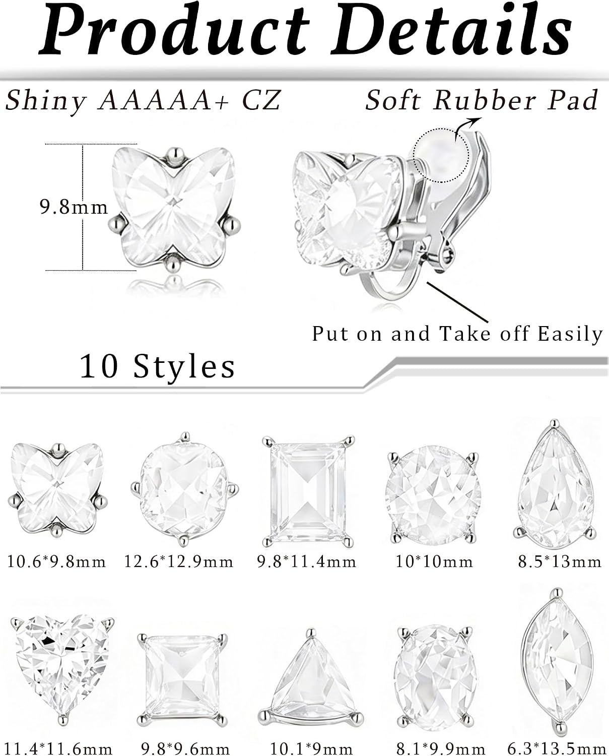 10 Pairs Clip On Earrings Non Pierced Geometric CZ Stud Earrings for Women Round Teardrop Heart Butterfly Square Triangle Oval Rectangle CZ Clip On Earring Jewelry Set Gold Silver Plated