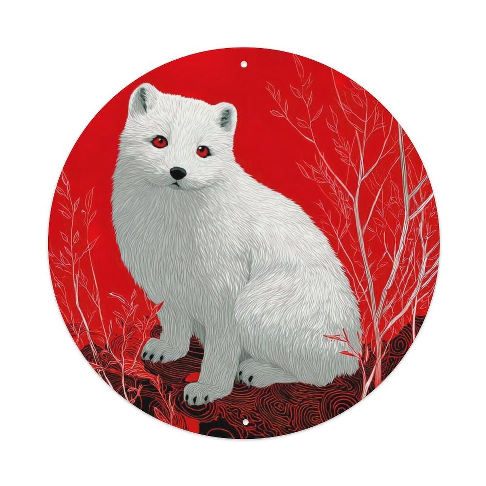 Wildlife White Fox Crimson Background Bold Contrast Mysterious Nature Art Vintage Metal Tin Sign Plaque Wall Decor for Cafe, Club Bar, Office, Garden Metal Poster 8x8Inch