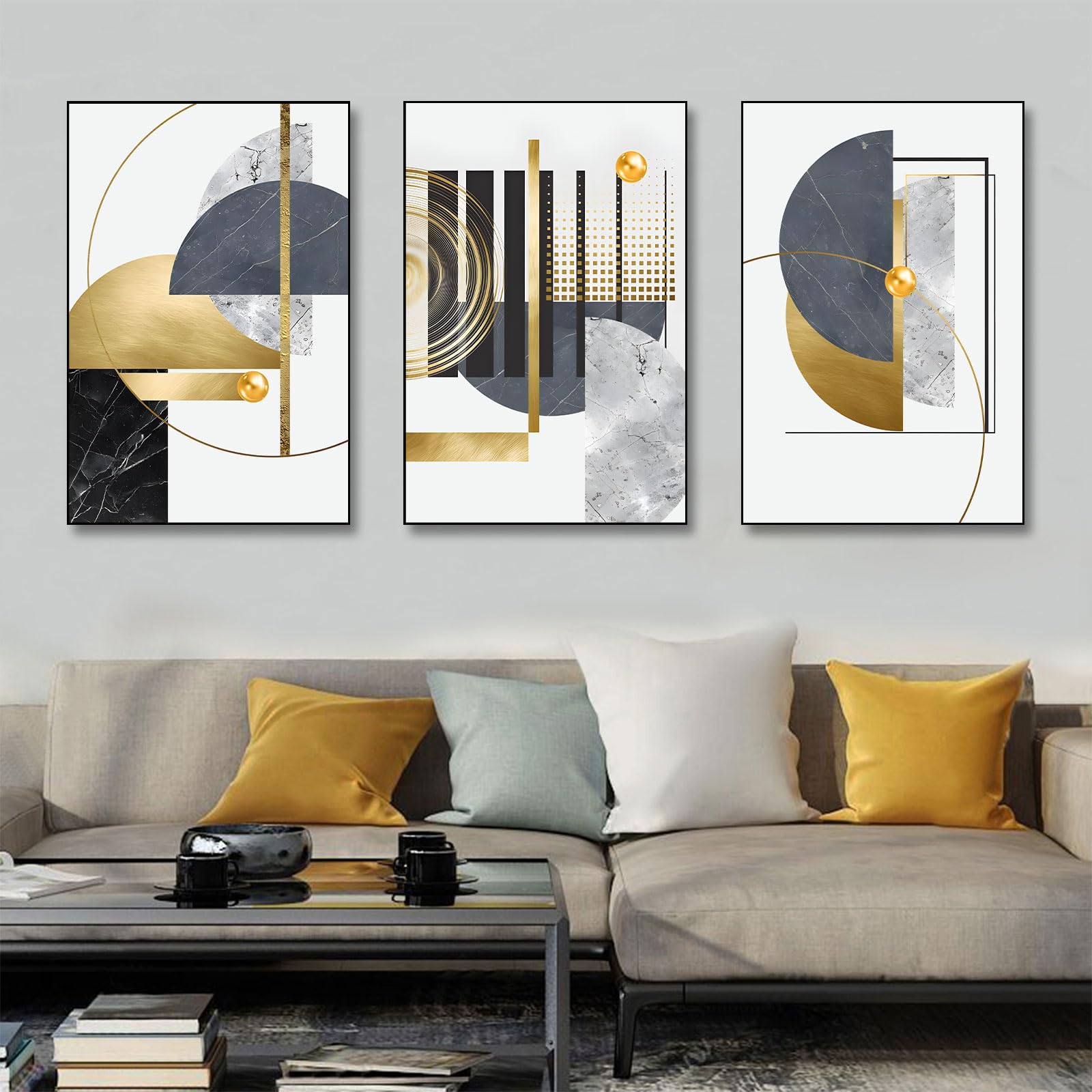 BNREDA Juego de 3 pósteres abstractos de geometría, cuadros en lienzo geométricos dorados, modernos líneas geométricas, pósteres artísticos, decoración de pared, sin marco (B, 50x70cm*3, Sin marco)