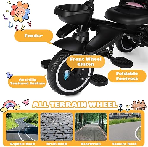 Miniatura 6 de Triciclo plegable para niños, triciclo de bebé 8 en 1 con toldo extraíble y ajustable, mango para padres, arnés de seguridad de 5 pioneros,