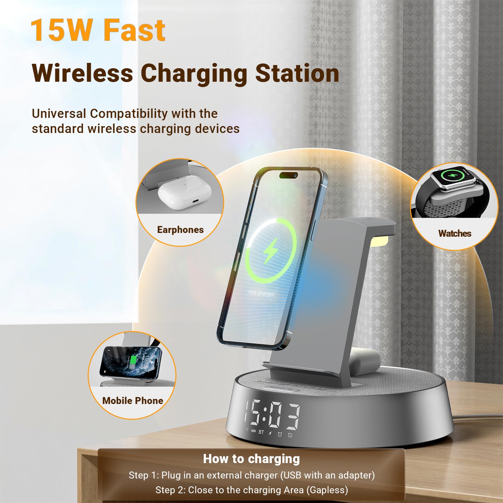 Wireless Charging Station Alarm Clock Bluetooth Speaker - Dettaglio