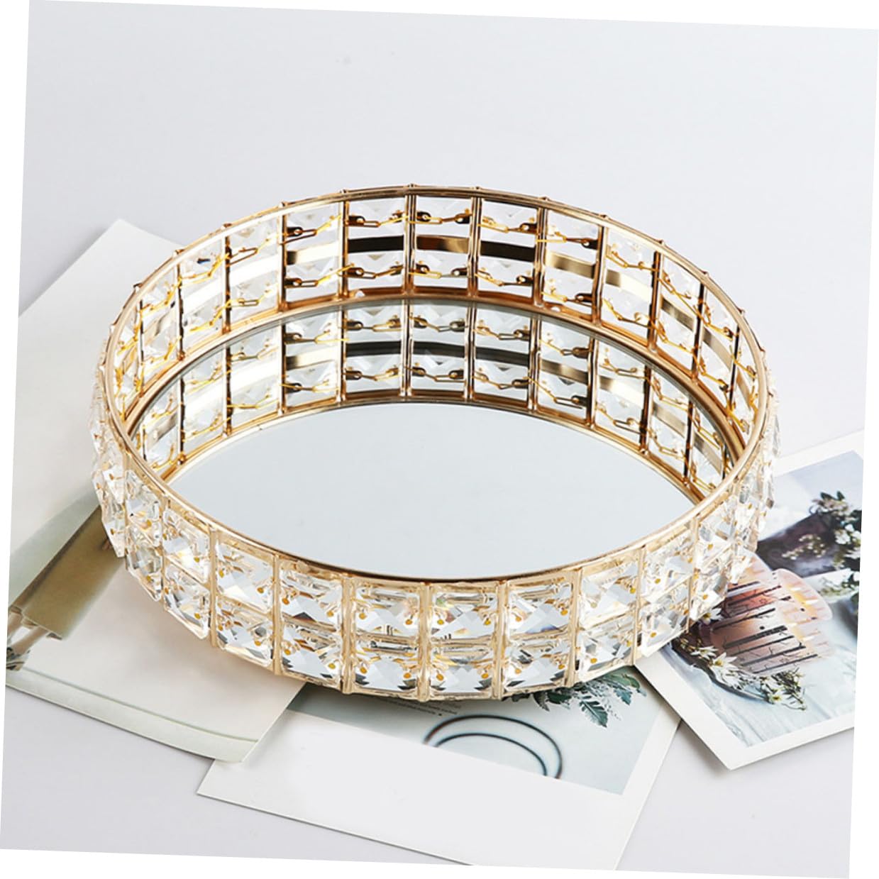 Homoyoyo Bandeja Redonda de Espejo para Joyas, Organizador de Bisutería en Hierro Dorado, 25cm, Adecuado para Tocador y Decoración del Hogar
