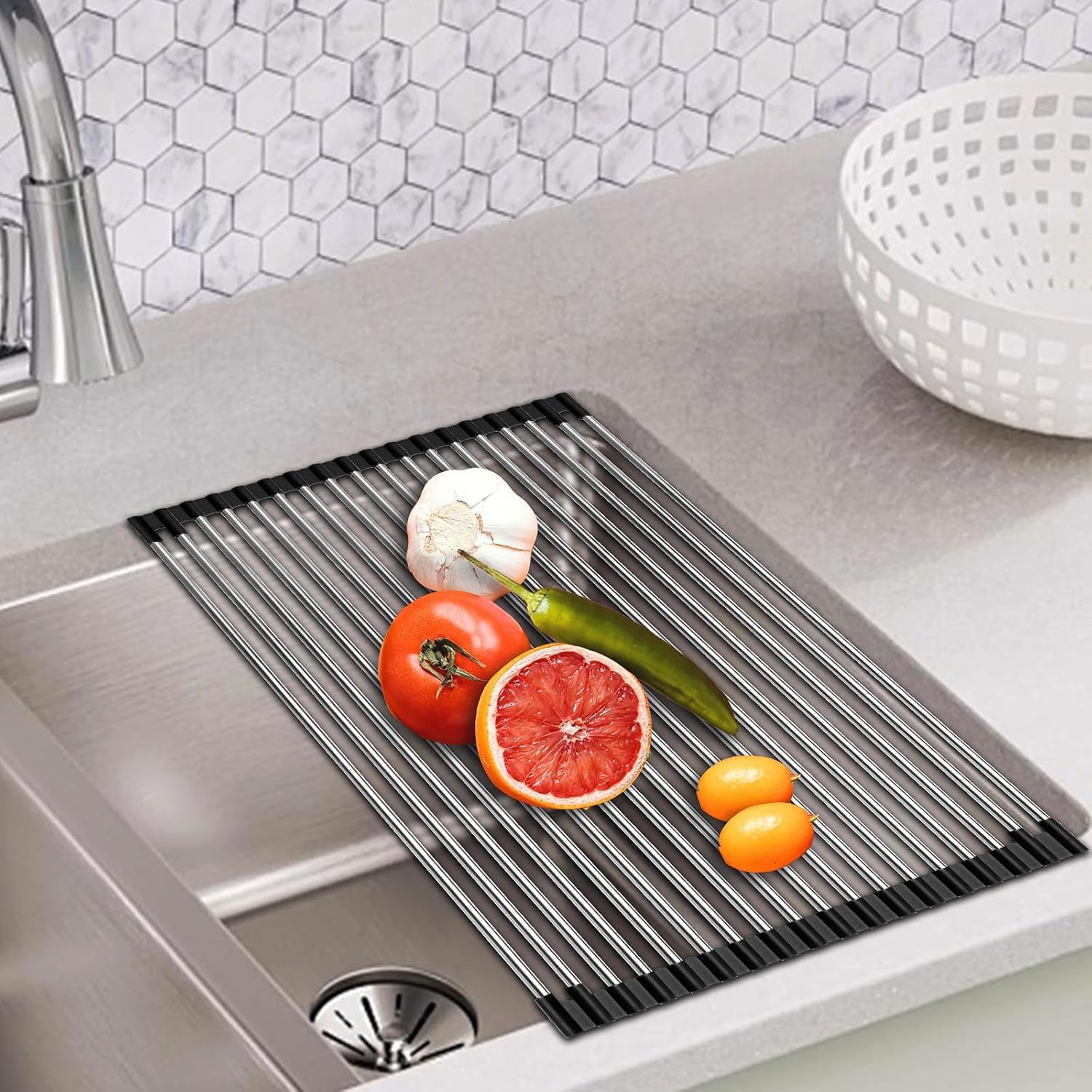 GaxQuly 10 Pipe Foldable Roll Up Dish Drying Rack Over The Sink Multipurpose Kitchen Counter Rolling up Stainless Steel Drainer for Cups, Utensils, Fruits, Vegetables