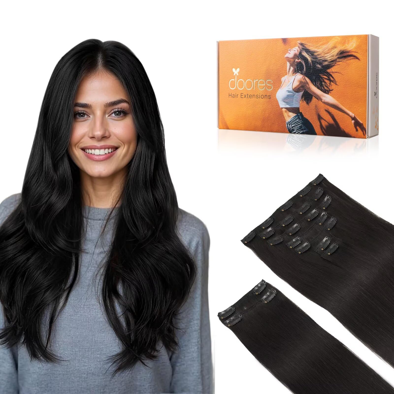 DOORES Clip in Hair Extensions, Natural Black 18 Inch 150g 9pcs, Remy Extensions for Women Clip in Human Hair Thick Silky Weft
