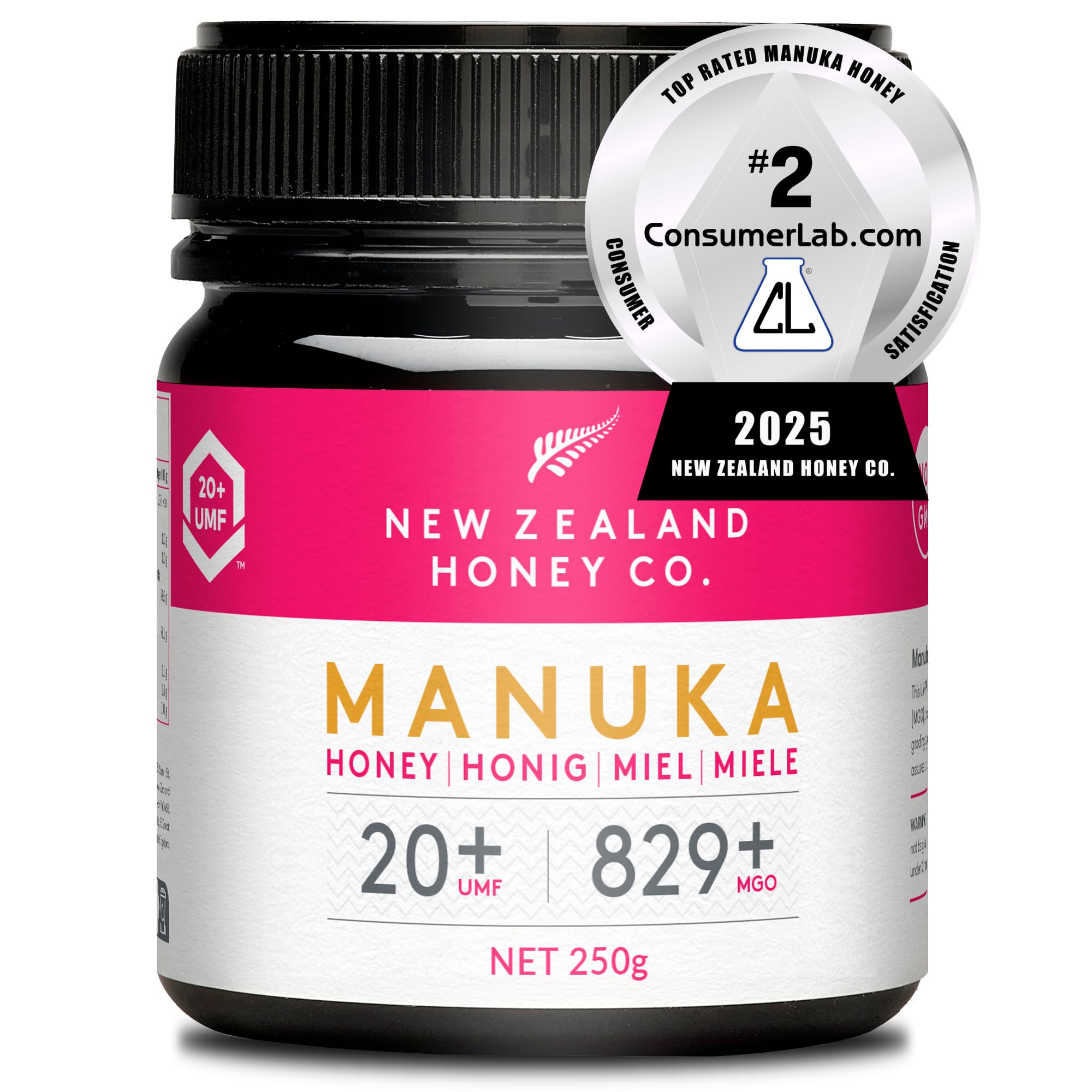 New Zealand Honey Co. Manuka Honig MGO 829+ / UMF 20+ | Aktiv und Roh - Hergestellt in Neuseeland - Zertifiziertem Methylglyoxal Gehalt - 250g - Raw Honey - Rohhonig