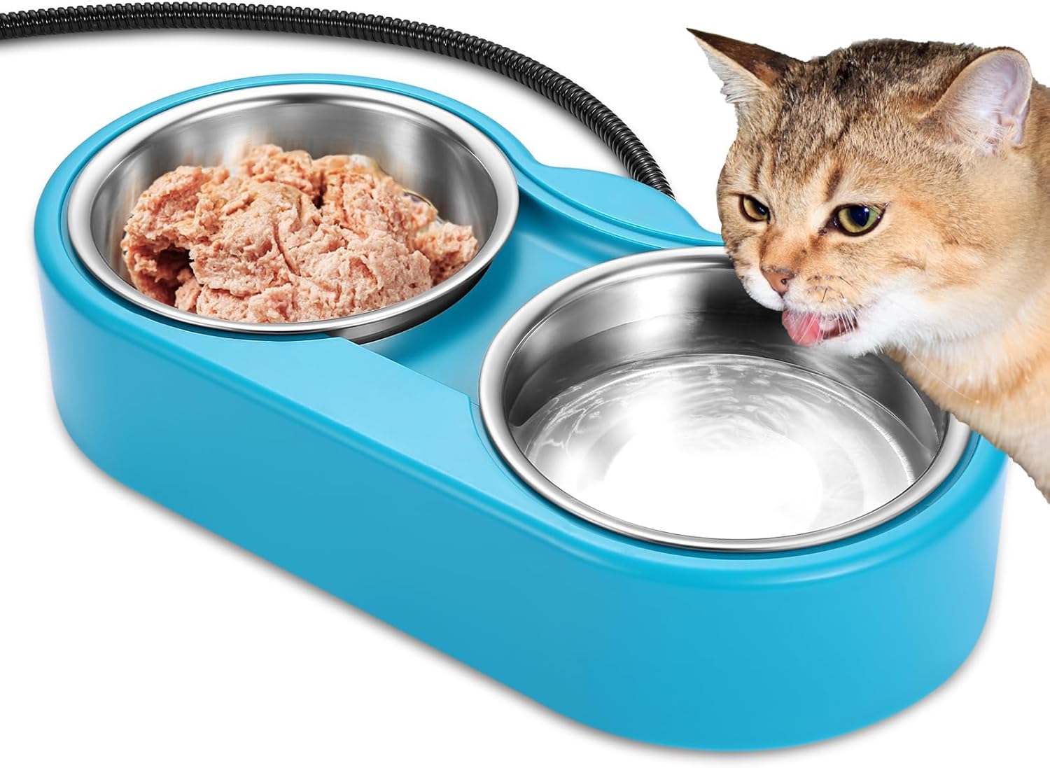 Heated Cat Bowl – Double Removable Stainless Steel Bowls, Freeze-Proof Water & Food, Overheat Protected, Chew-Resistant Cord, UL Listed